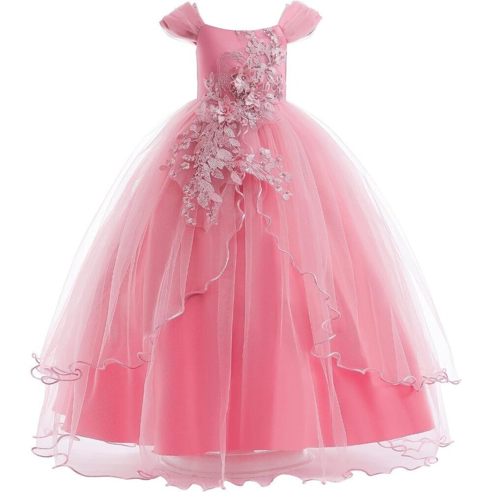 🆕Girls Dusty Pink Lace Sequin Embroidery Wedding Party Pageant Ball Gown